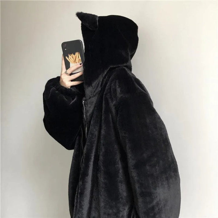 Women's Oversized Cat Ear Hooded Faux Fur Coat Zip-Up Jacket