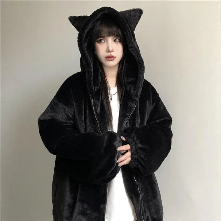 Women's Oversized Cat Ear Hooded Faux Fur Coat Zip-Up Jacket