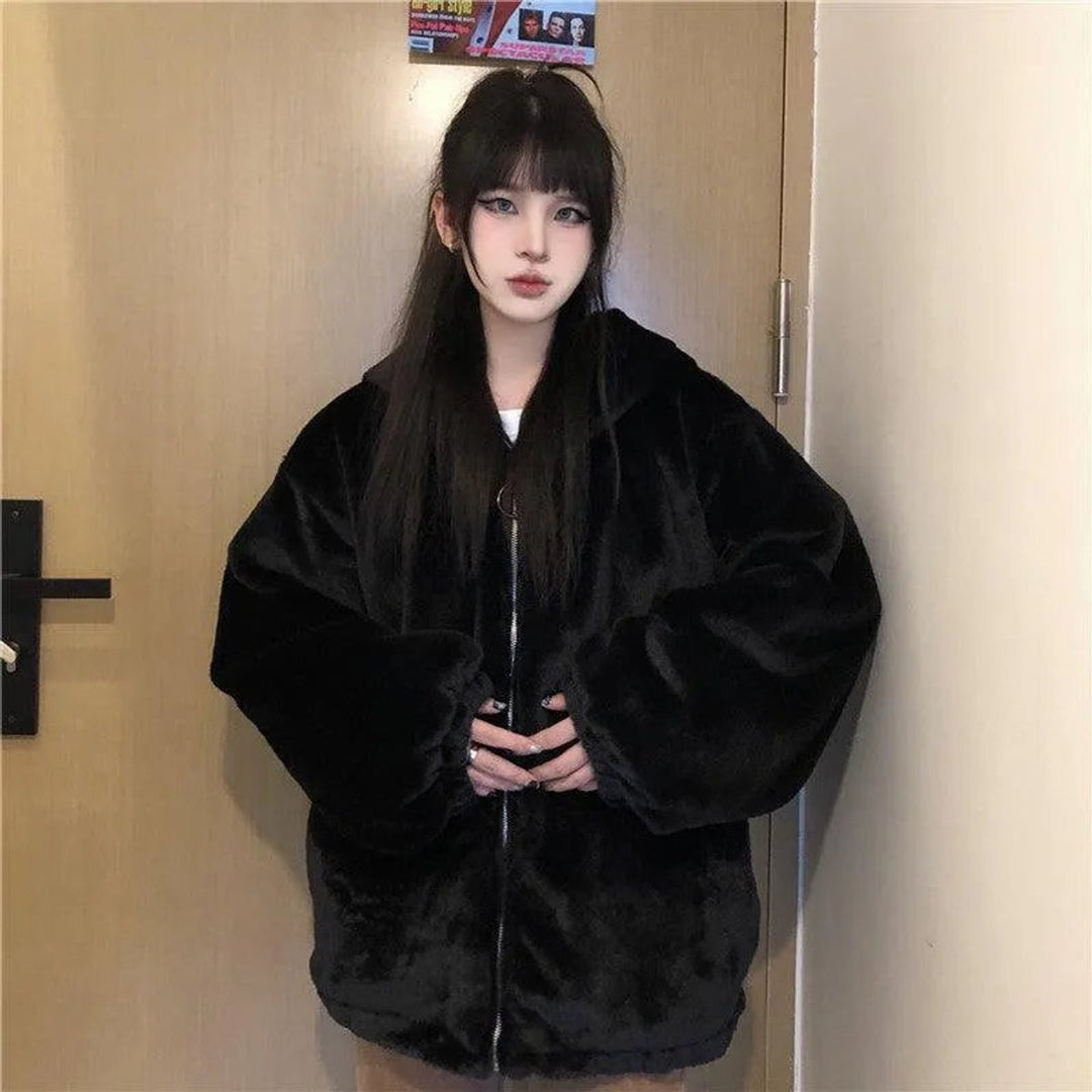 Women's Oversized Cat Ear Hooded Faux Fur Coat Zip-Up Jacket