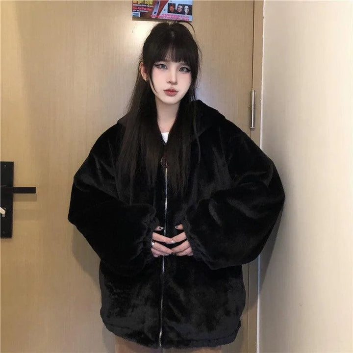Women's Oversized Cat Ear Hooded Faux Fur Coat Zip-Up Jacket