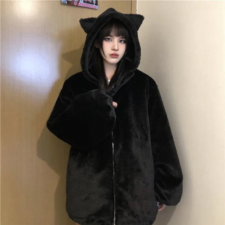 Women's Oversized Cat Ear Hooded Faux Fur Coat Zip-Up Jacket