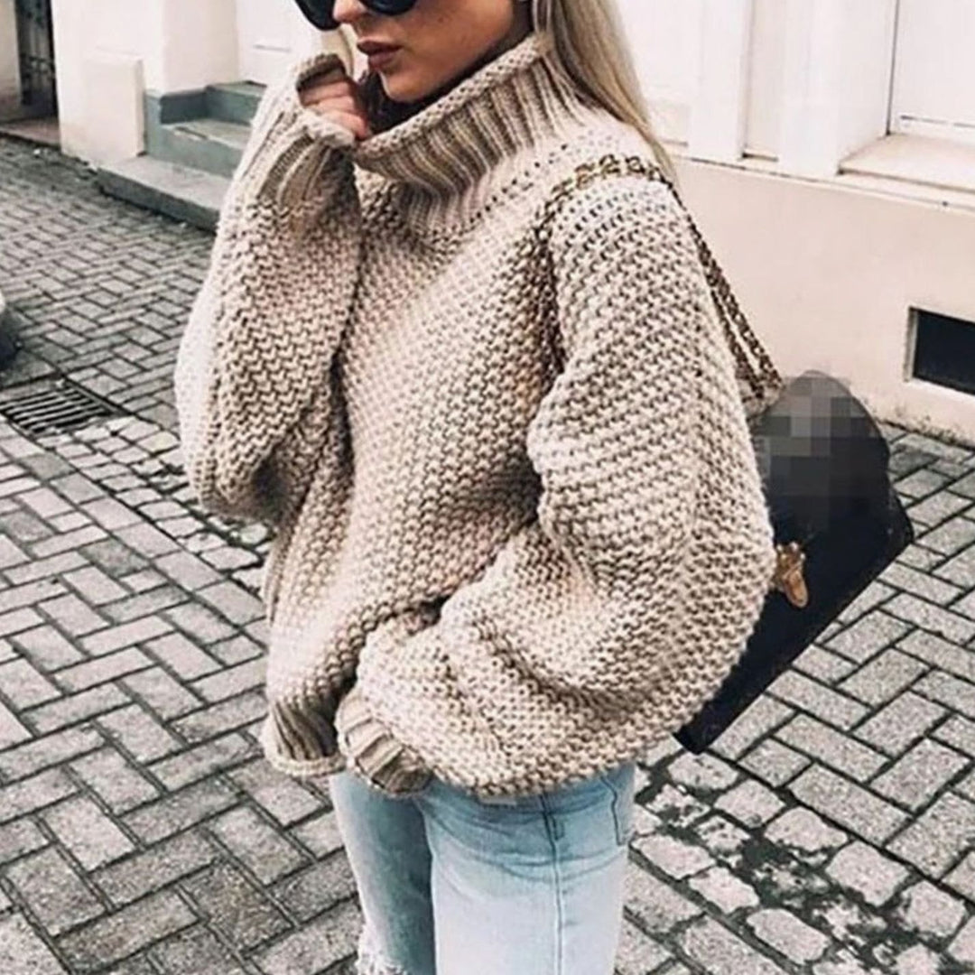 Women's Oversized Chunky Knit Turtleneck Sweater Relaxed Fit Jumper - Khaki