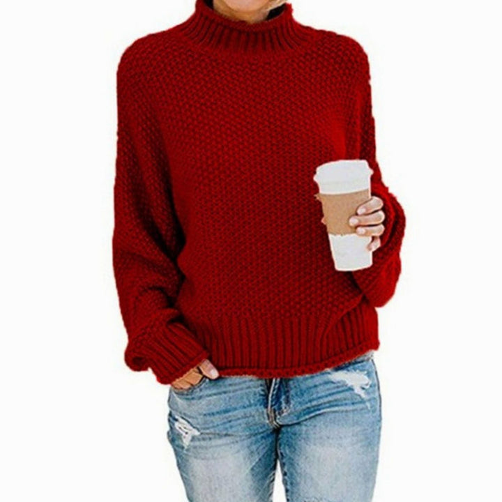Women's Oversized Chunky Knit Turtleneck Sweater Relaxed Fit Jumper - Red