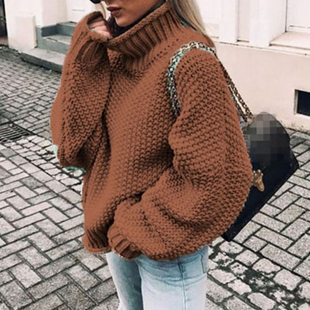 Women's Oversized Chunky Knit Turtleneck Sweater Relaxed Fit Jumper - Brown