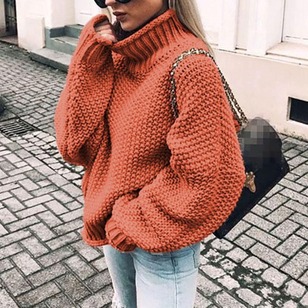 Women's Oversized Chunky Knit Turtleneck Sweater Relaxed Fit Jumper - Orange