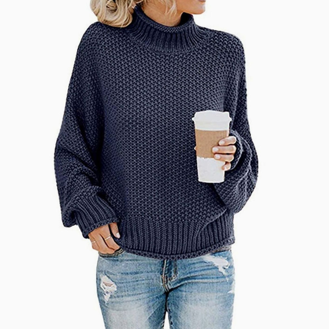 Women's Oversized Chunky Knit Turtleneck Sweater Relaxed Fit Jumper - Navy Blue