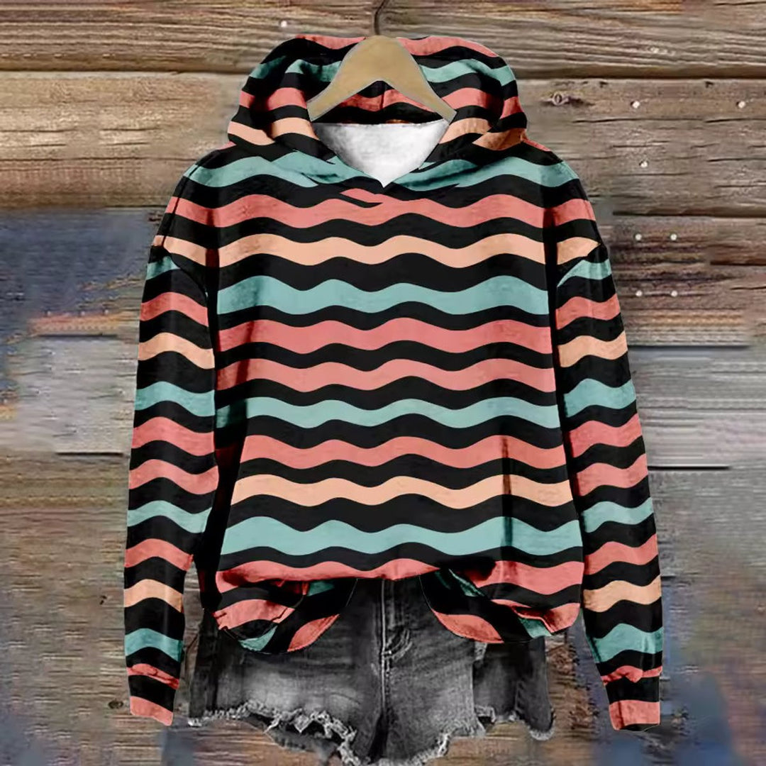 Women's Oversized Colourful Wave-Print Knitted Sweater Hoodie