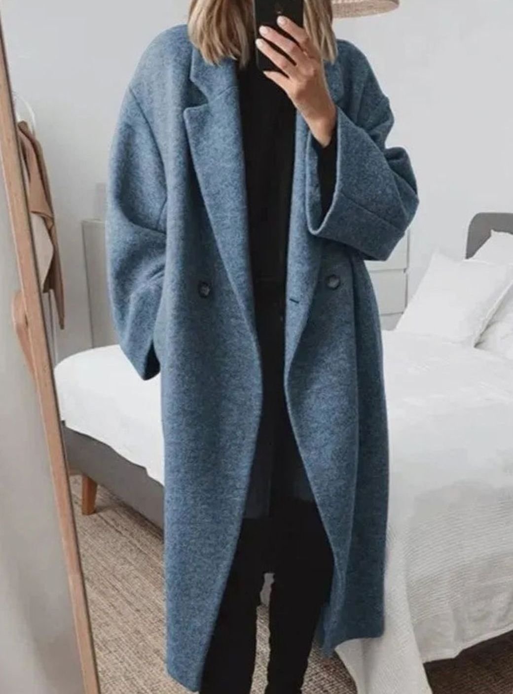 Women's Oversized Double-Breasted Longline Button-Down Coat - Navy Blue