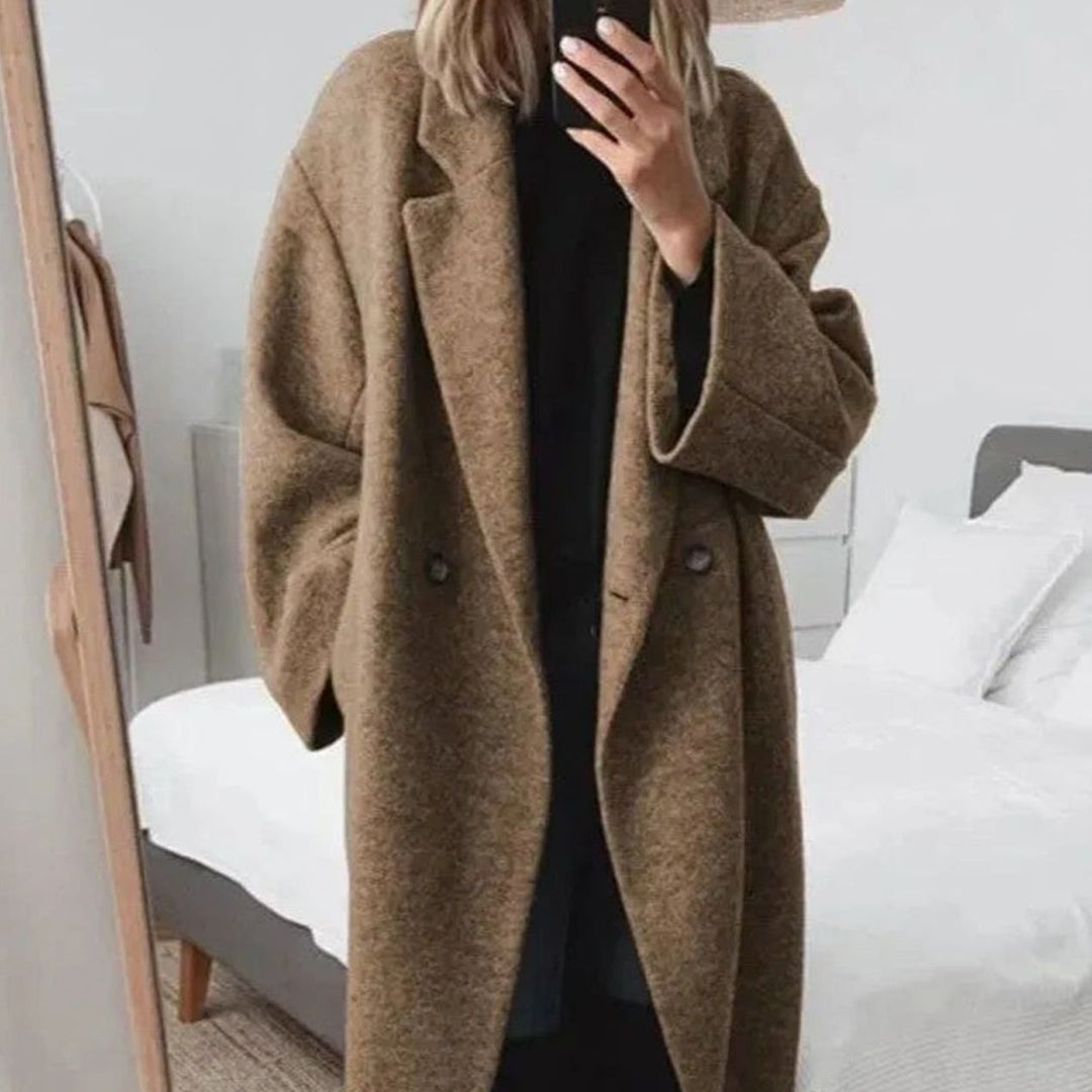 Women's Oversized Double-Breasted Longline Button-Down Coat - Brown