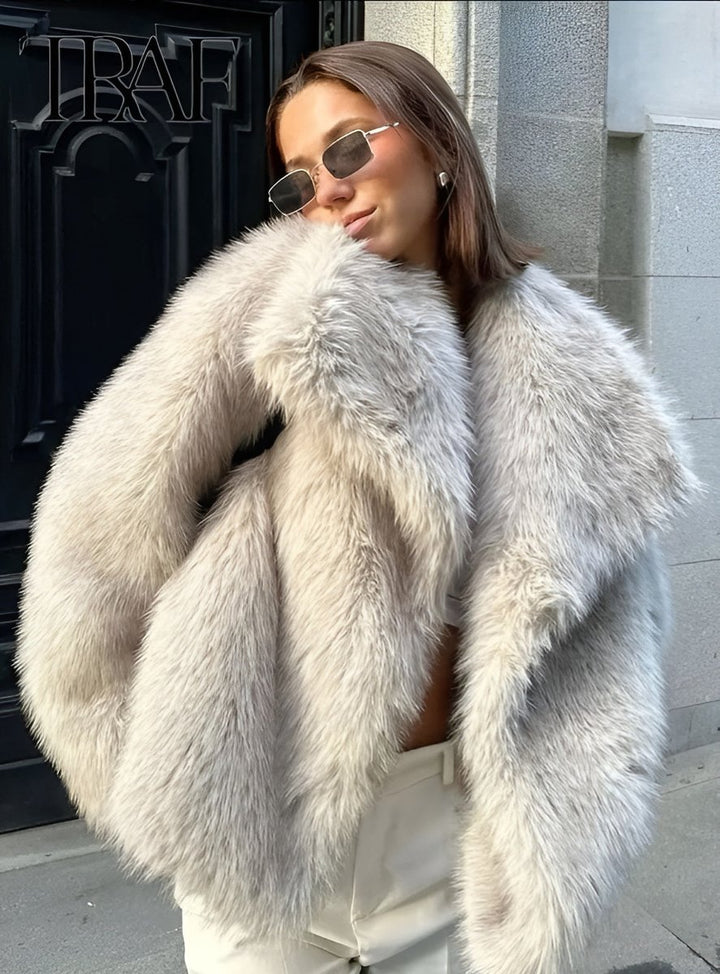 Women's Oversized Fluffy Faux Fur Coat Cropped Jacket