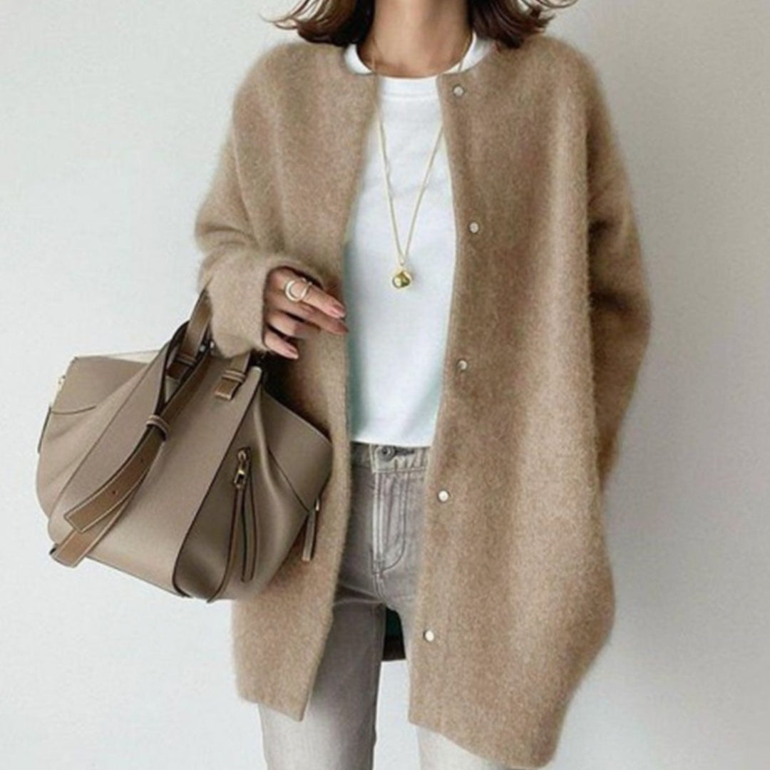 Women's Oversized Fluffy Knit Snap-Button Winter Cardigan - Khaki