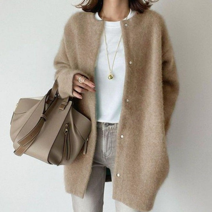 Women's Oversized Fluffy Knit Snap-Button Winter Cardigan - Khaki