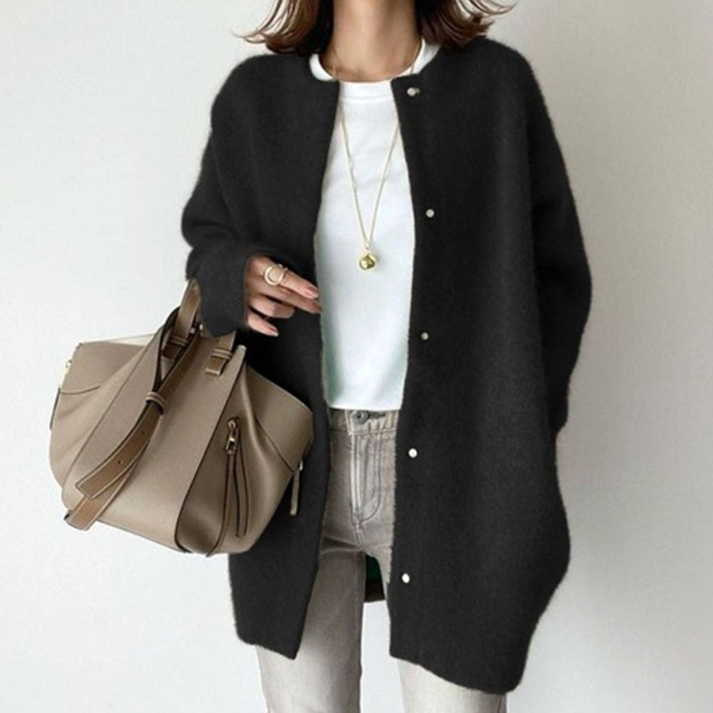 Women's Oversized Fluffy Knit Snap-Button Winter Cardigan - Black
