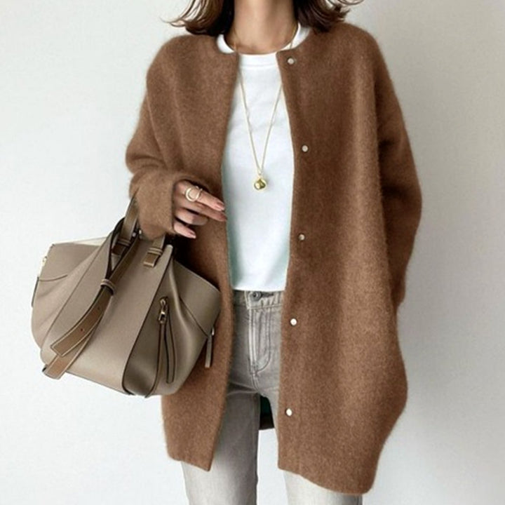 Women's Oversized Fluffy Knit Snap-Button Winter Cardigan - Caramel