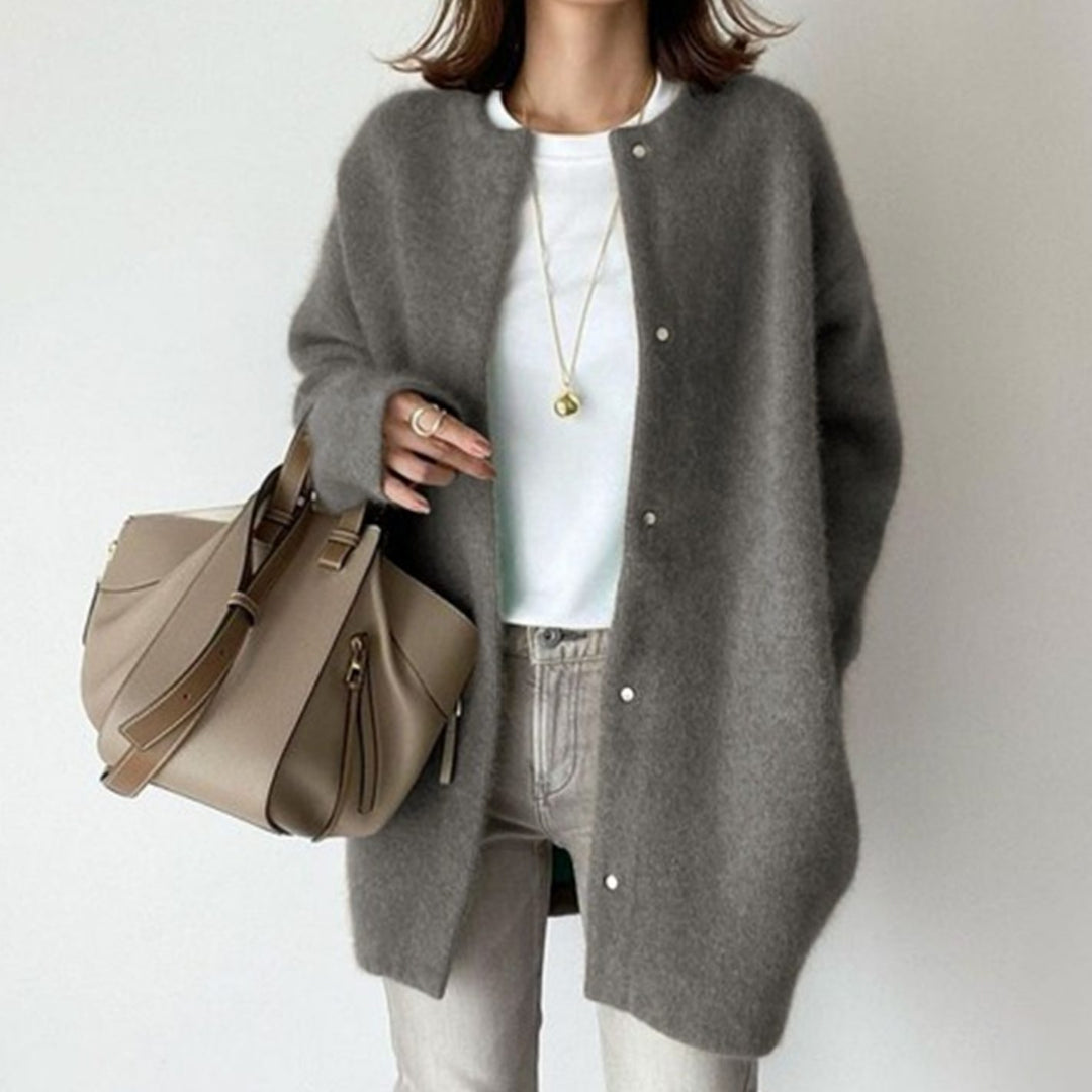 Women's Oversized Fluffy Knit Snap-Button Winter Cardigan - Grey