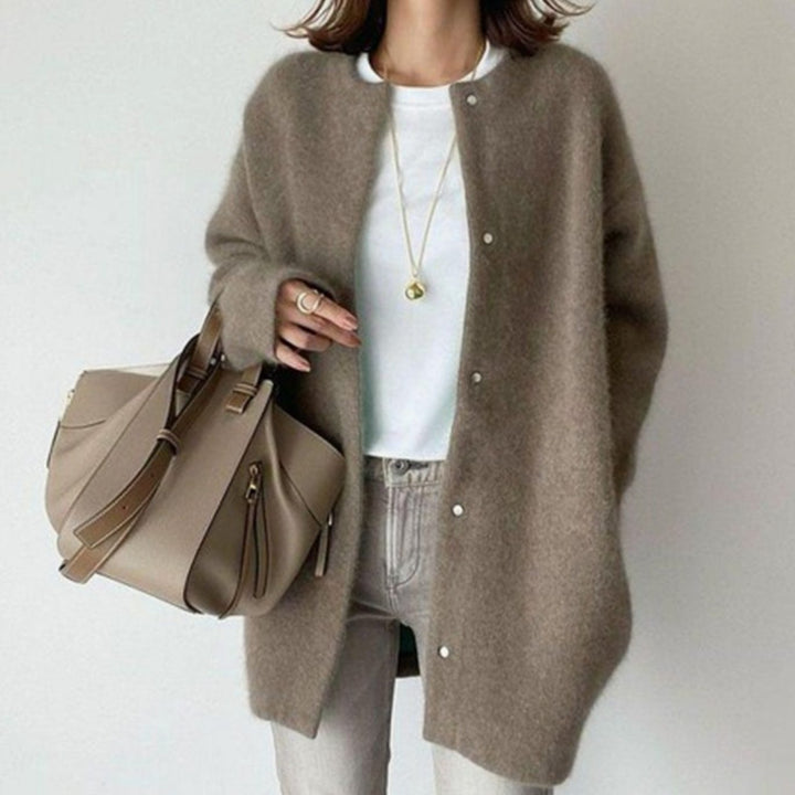 Women's Oversized Fluffy Knit Snap-Button Winter Cardigan - Coffee