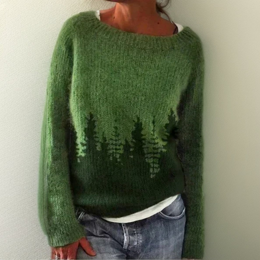 Women's Oversized Forest Print Knitted Sweater Round Neck