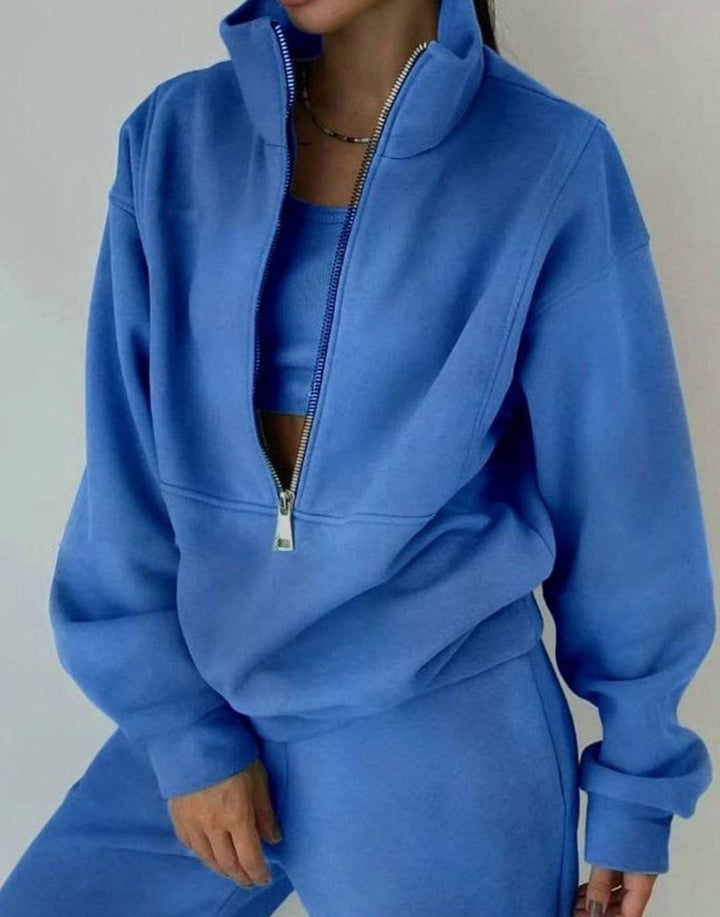 Women's Oversized Half-Zip Pullover High-Waist Jogger Two-Piece Set - Blue