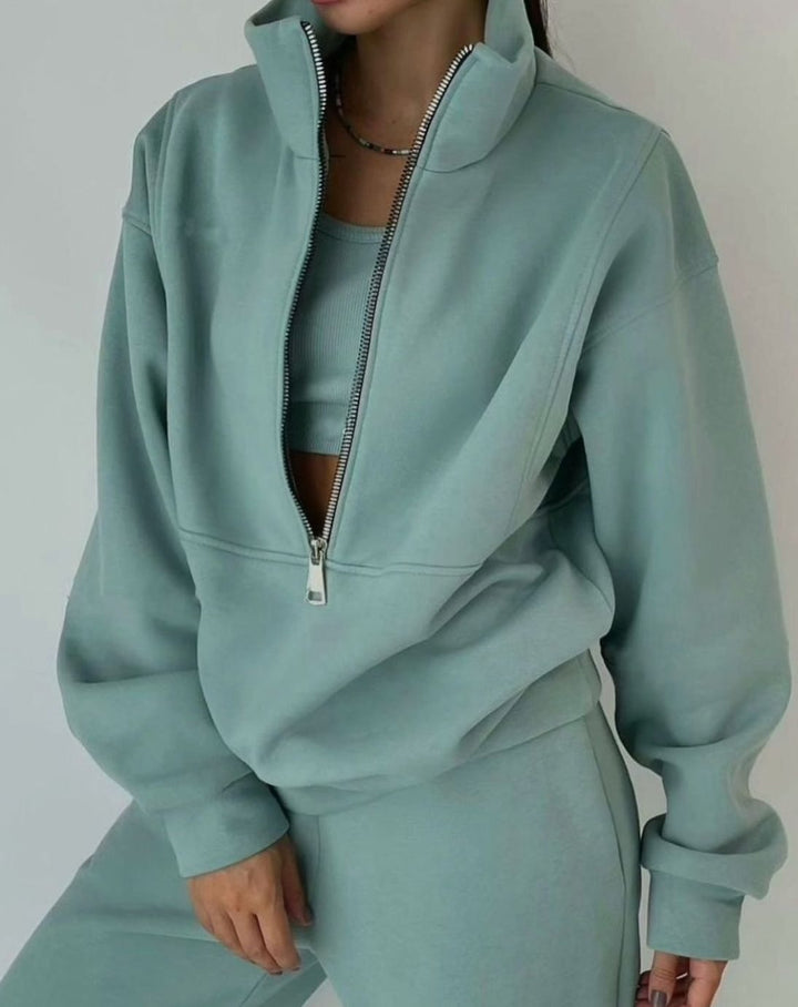 Women's Oversized Half-Zip Pullover High-Waist Jogger Two-Piece Set - Green