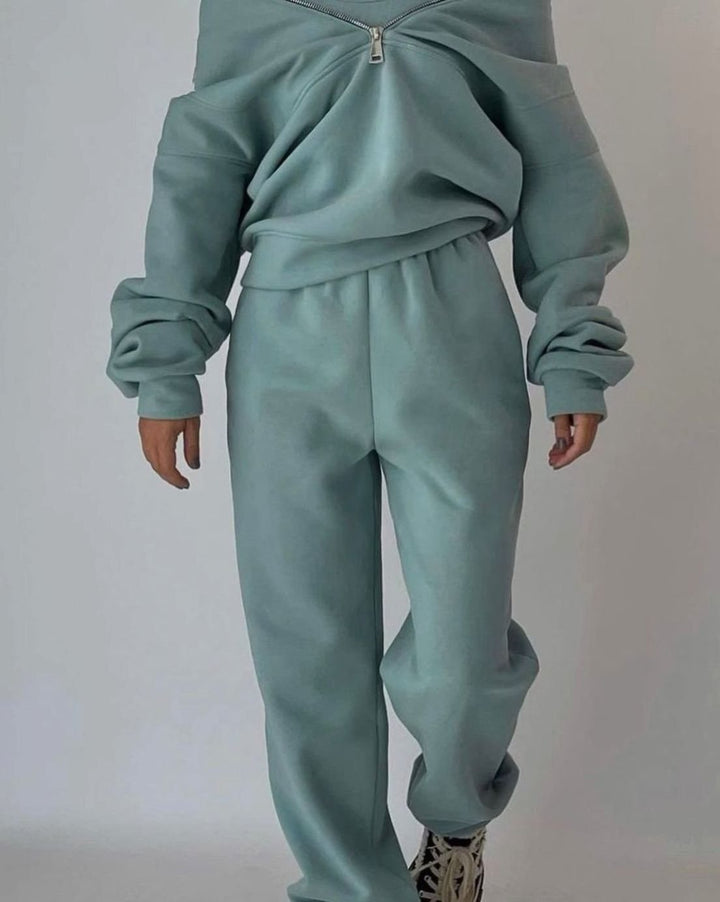 Women's Oversized Half-Zip Pullover High-Waist Jogger Two-Piece Set
