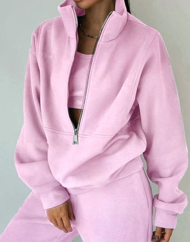 Women's Oversized Half-Zip Pullover High-Waist Jogger Two-Piece Set - Pink