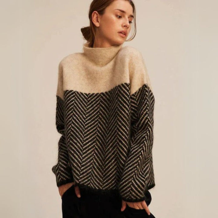 Women's Oversized Herringbone Turtleneck Jumper Colour Block Knit