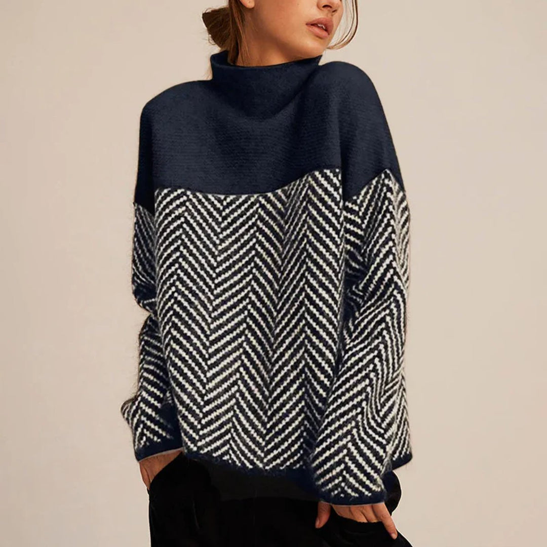 Women's Oversized Herringbone Turtleneck Jumper Colour Block Knit