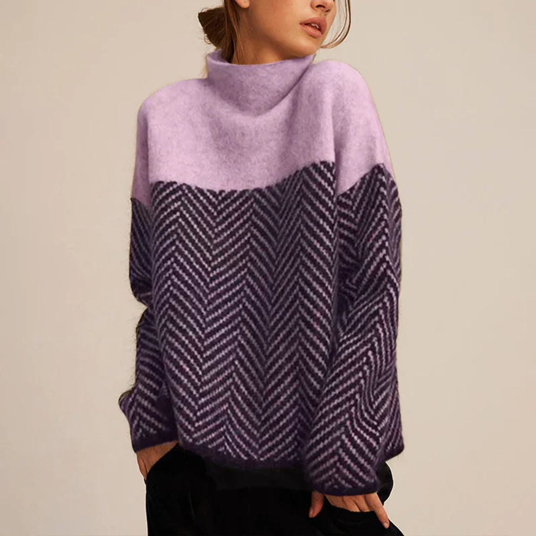 Women's Oversized Herringbone Turtleneck Jumper Colour Block Knit