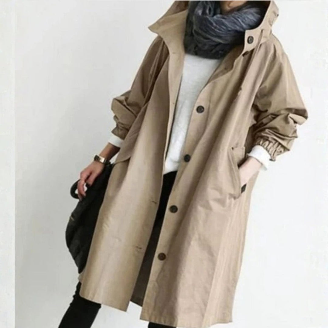 Women's Oversized Hooded Button-Front Longline Trench Coat