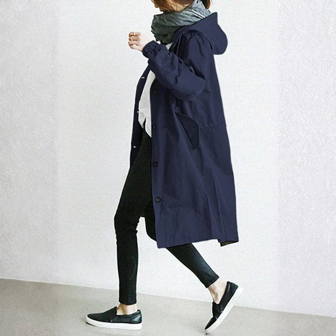 Women's Oversized Hooded Button-Front Longline Trench Coat