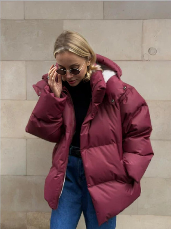 Women's Oversized Hooded Puffer Padded Coat - Wine Red