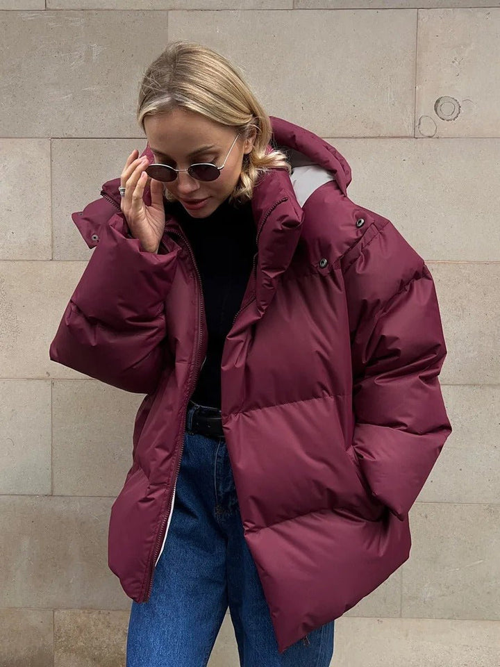 Women's Oversized Hooded Puffer Padded Coat - Red