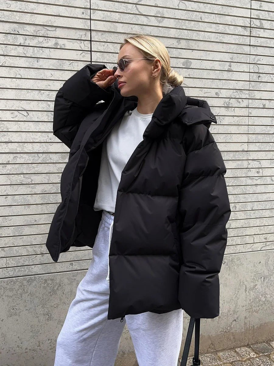 Women's Oversized Hooded Puffer Padded Coat - Black