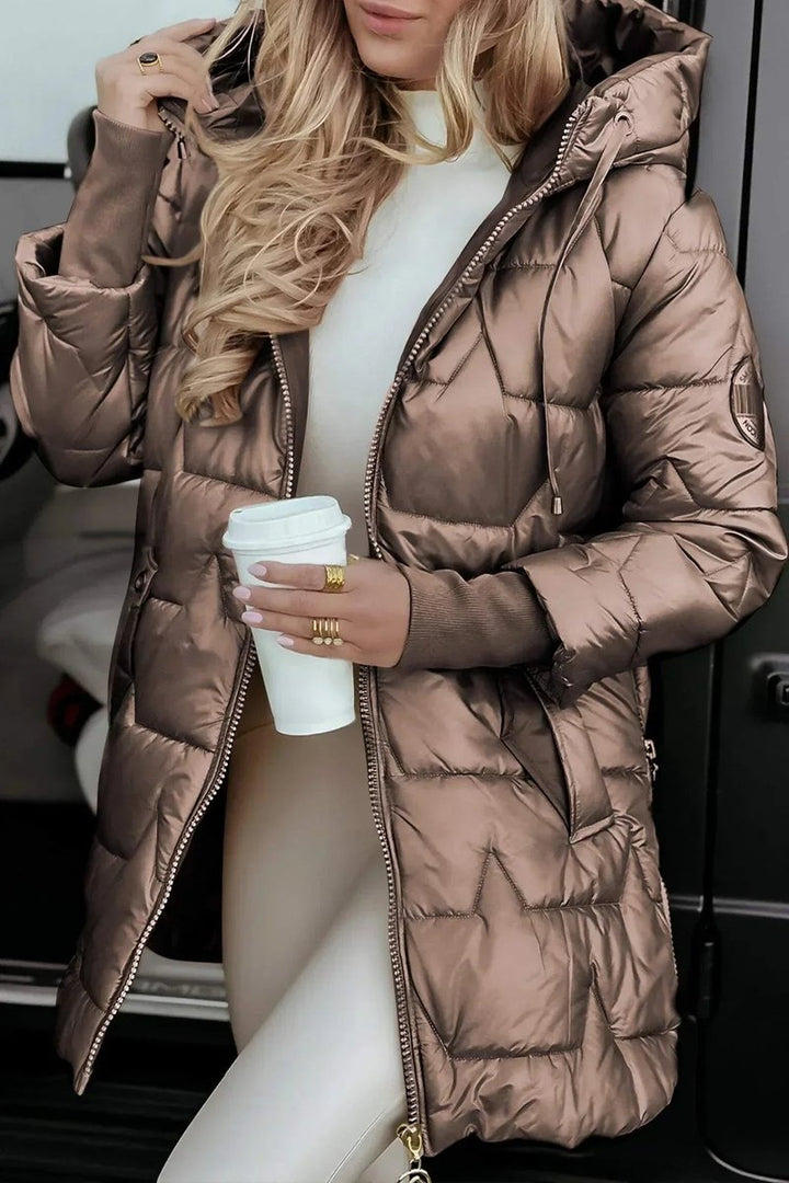 Women's Oversized Hooded Quilted Padded Coat - Dark Brown