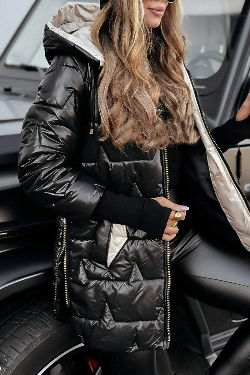 Women's Oversized Hooded Quilted Padded Coat - Black