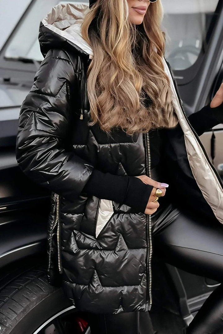 Women's Oversized Hooded Quilted Padded Coat - Black