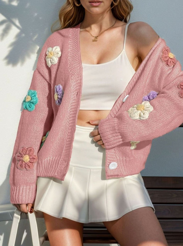 Women's Oversized Knit Cardigan 3D Floral Button-Front Jumper