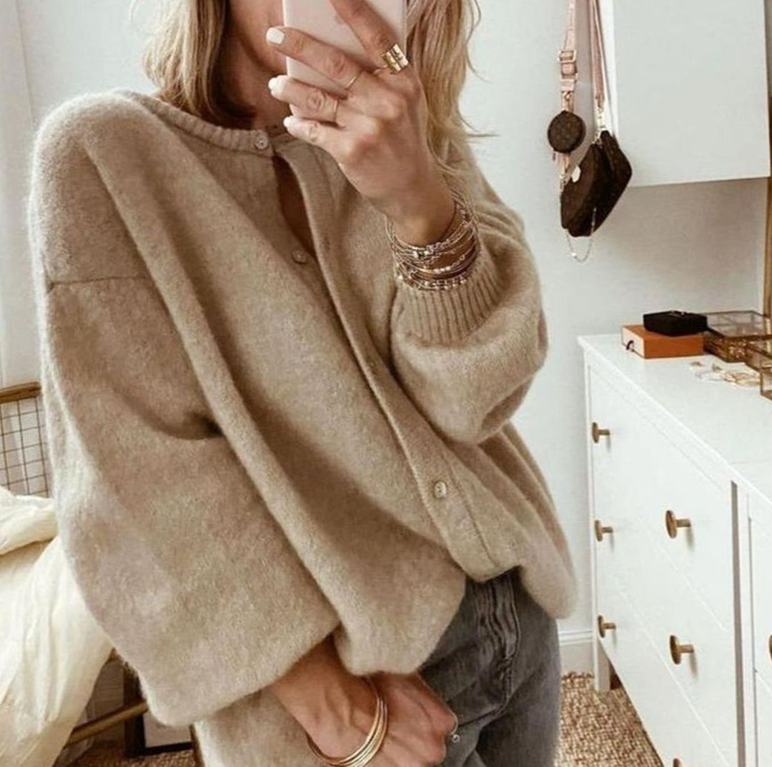 Women's Oversized Knit Cardigan Balloon Sleeve Button-Up