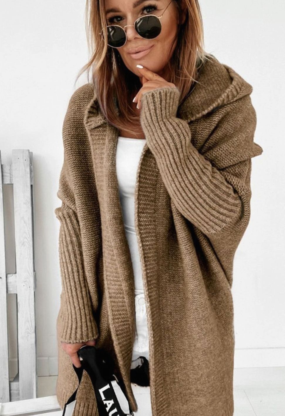 Women's Oversized Knit Cardigan Batwing Sleeve Open Front