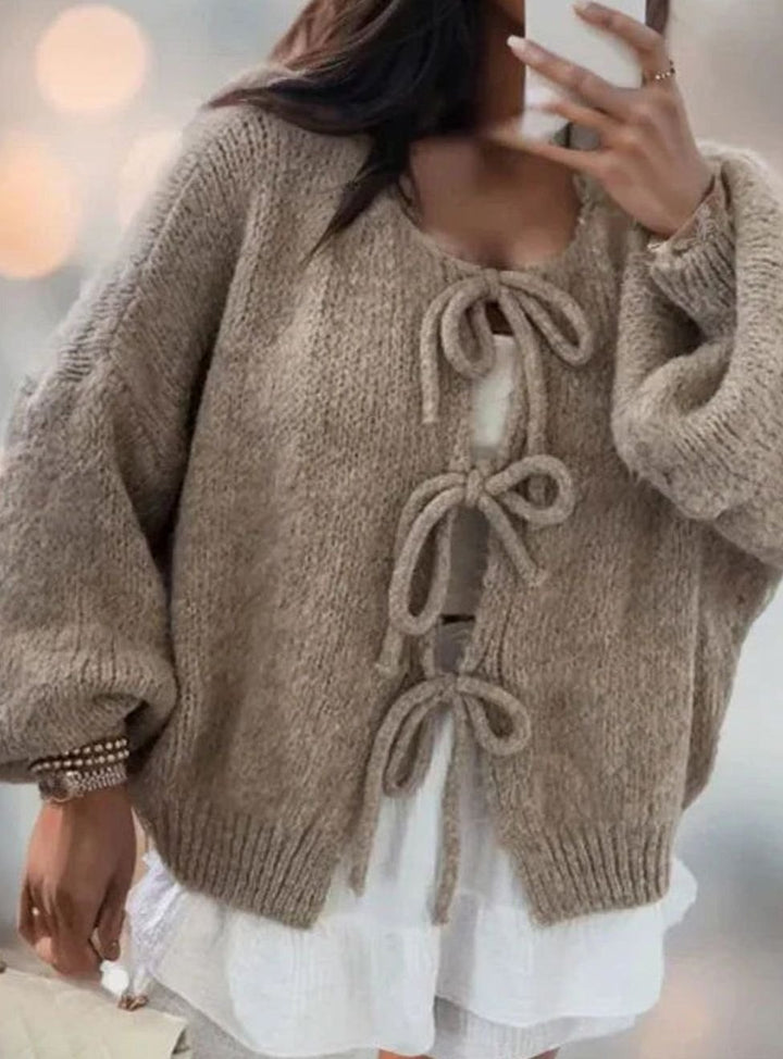 Women's Oversized Knit Cardigan Bow-Tie Closure Boho Slouchy Jumper