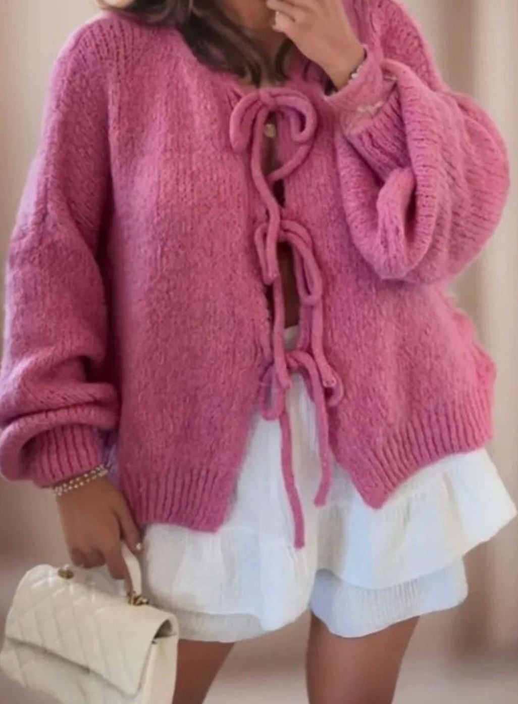 Women's Oversized Knit Cardigan Bow-Tie Closure Boho Slouchy Jumper