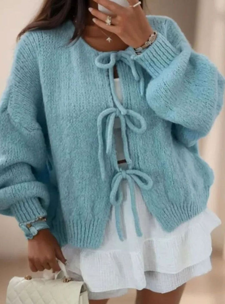 Women's Oversized Knit Cardigan Bow-Tie Closure Boho Slouchy Jumper