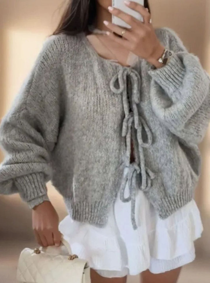Women's Oversized Knit Cardigan Bow-Tie Closure Boho Slouchy Jumper