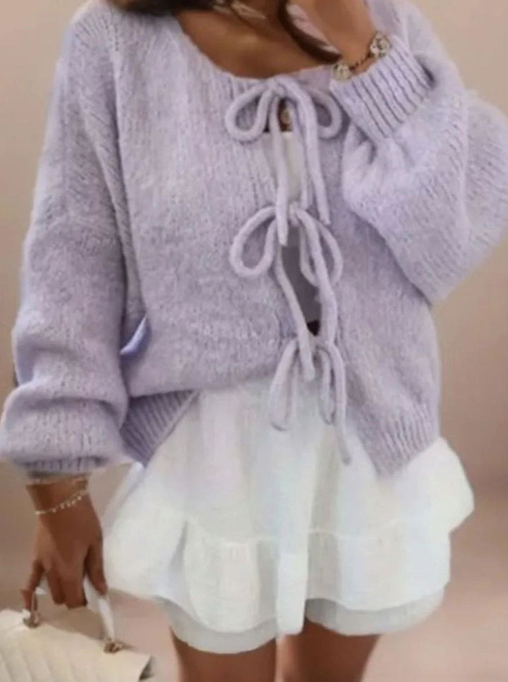 Women's Oversized Knit Cardigan Bow-Tie Closure Boho Slouchy Jumper