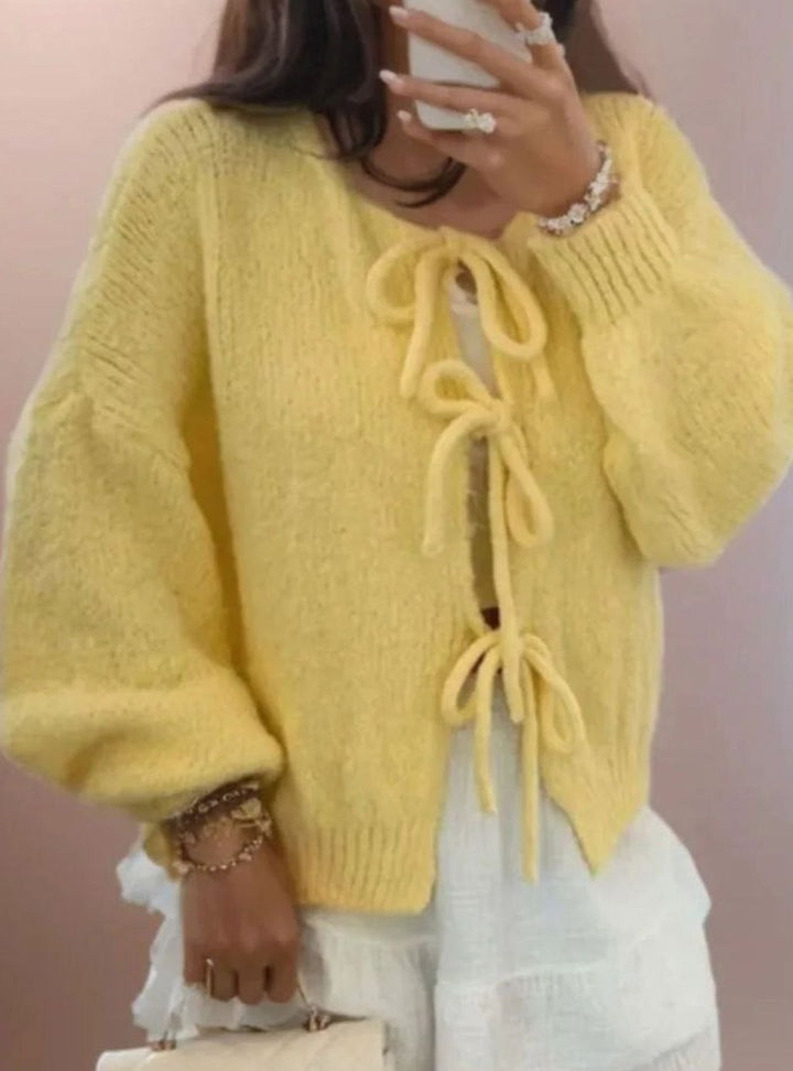 Women's Oversized Knit Cardigan Bow-Tie Closure Boho Slouchy Jumper