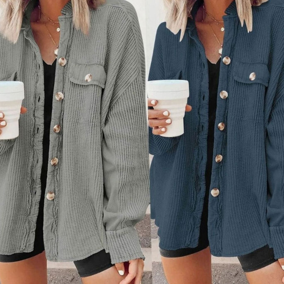 Women's Oversized Knit Cardigan Button-Down Waffle Shacket