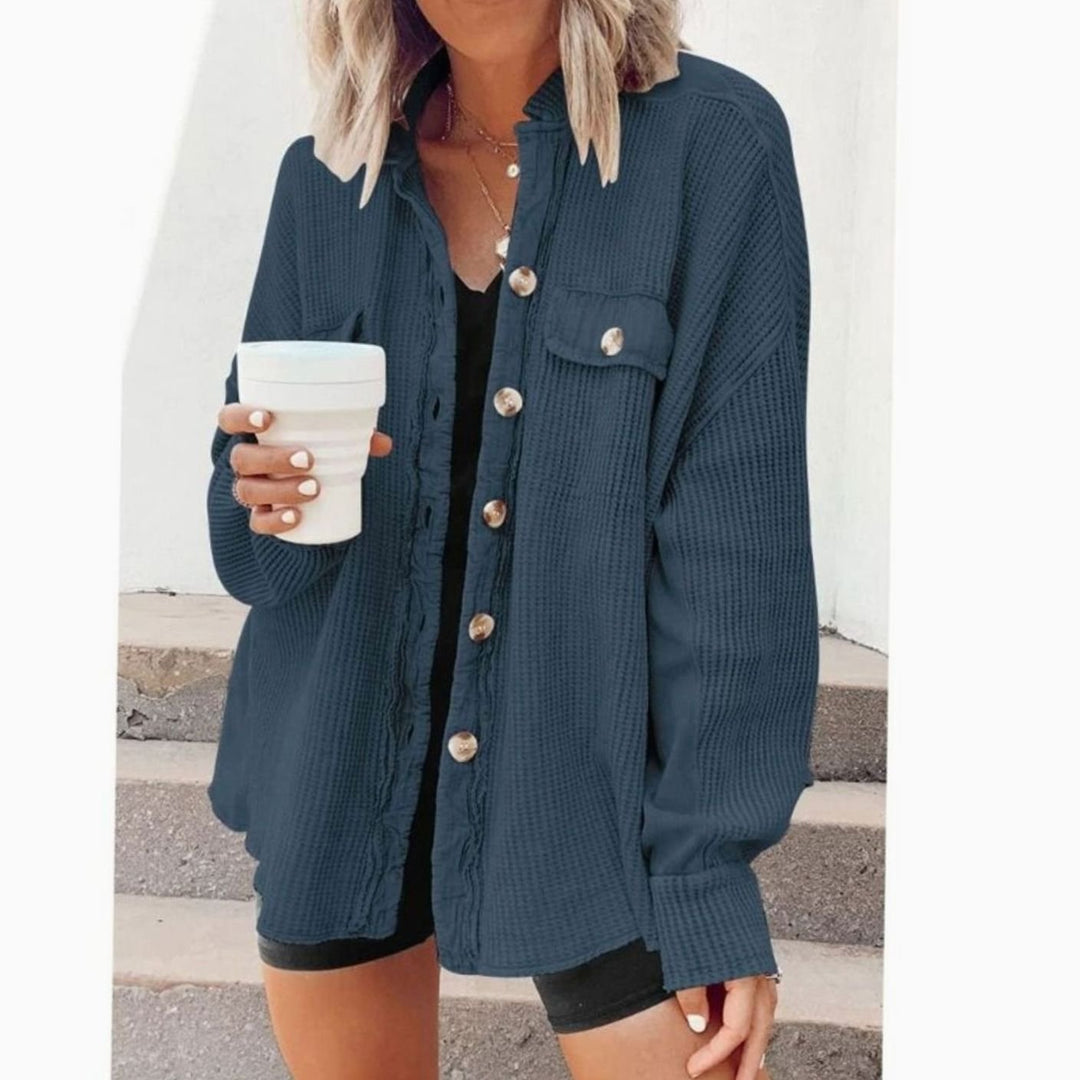 Women's Oversized Knit Cardigan Button-Down Waffle Shacket