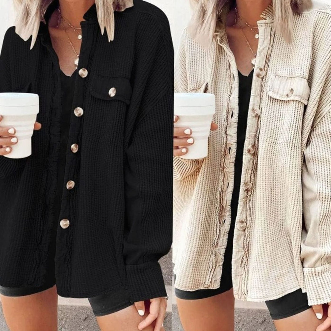 Women's Oversized Knit Cardigan Button-Down Waffle Shacket