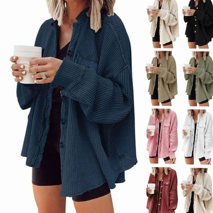 Women's Oversized Knit Cardigan Button-Down Waffle Shacket