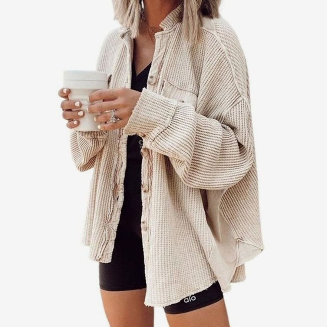Women's Oversized Knit Cardigan Button-Down Waffle Shacket